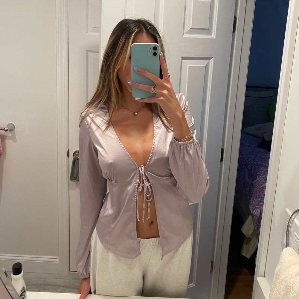 urban outfitters silky lavender tie front going out top